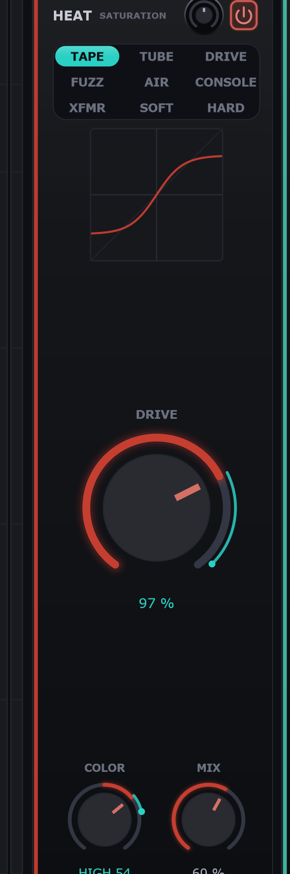 The HEAT saturation tile: a nine-shape selector from TAPE to HARD, a driven transfer curve display, and drive, color and mix knobs