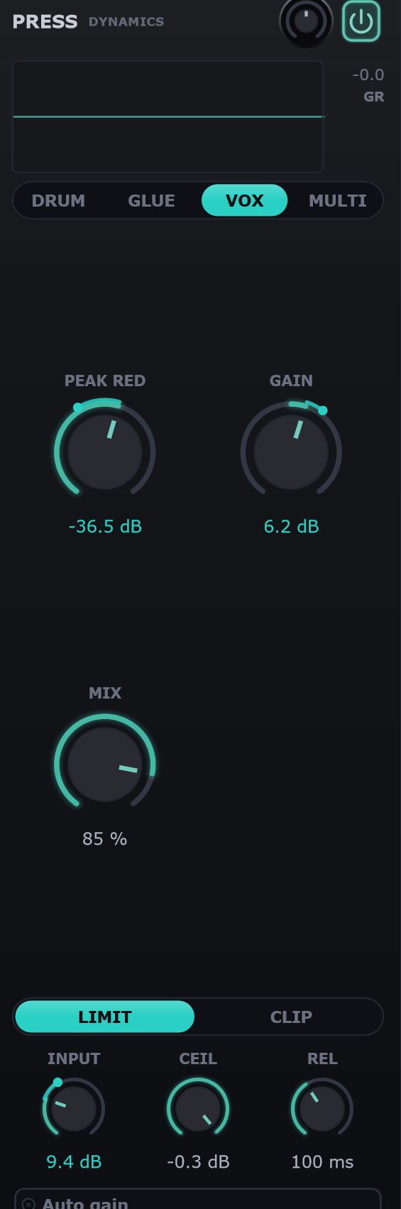 The PRESS dynamics tile in MULTI mode: gain reduction display, three-band rail, DRUM / GLUE / VOX / MULTI selector, per-band depth, attack and release, and the limiter section