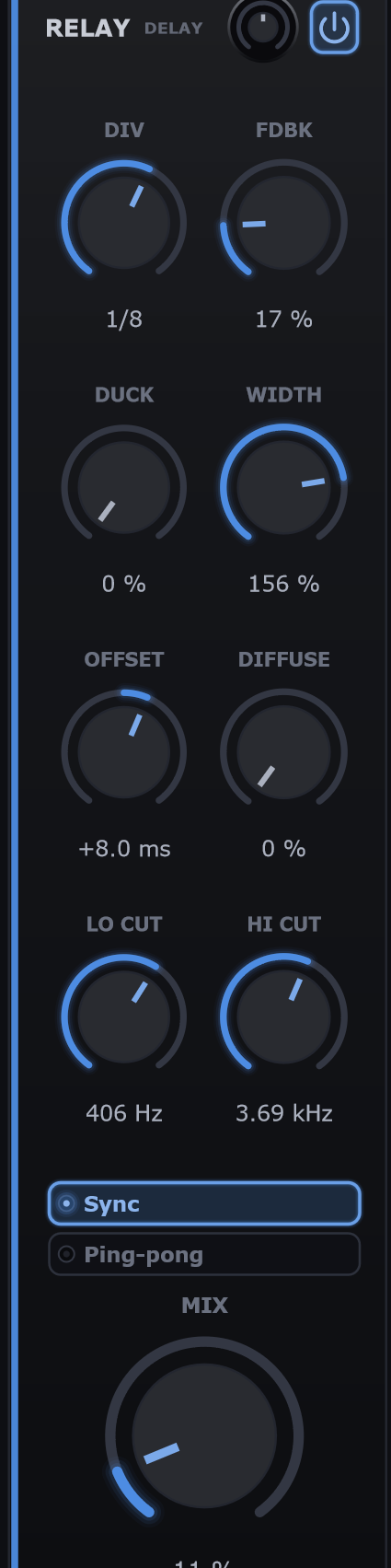 The RELAY delay tile: division, feedback, ducking and width knobs, the tap filters, ping-pong and mix