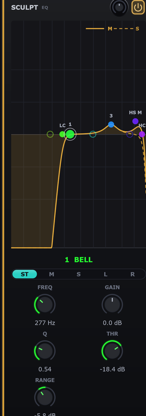 The SCULPT EQ tile: an eight-band curve editor with typed band handles, a shaped curve, and the selected band's frequency, gain, Q and threshold controls