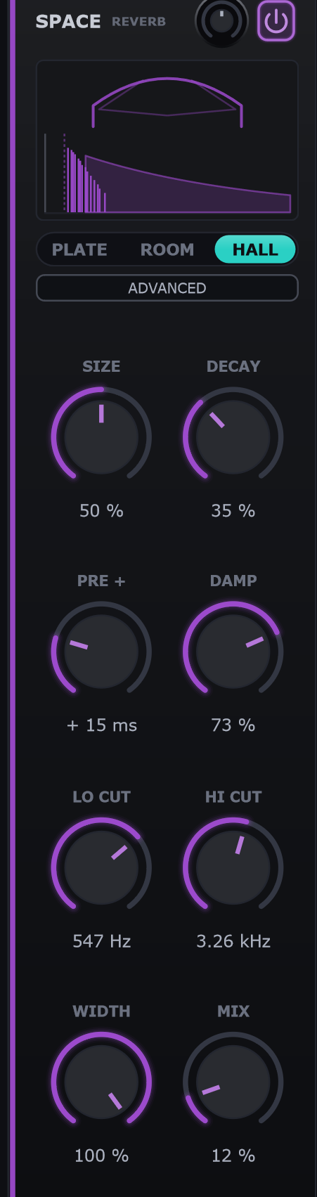 The SPACE reverb tile: decay display, PLATE / ROOM / HALL selector with HALL engaged, the Advanced page button, and size and decay knobs