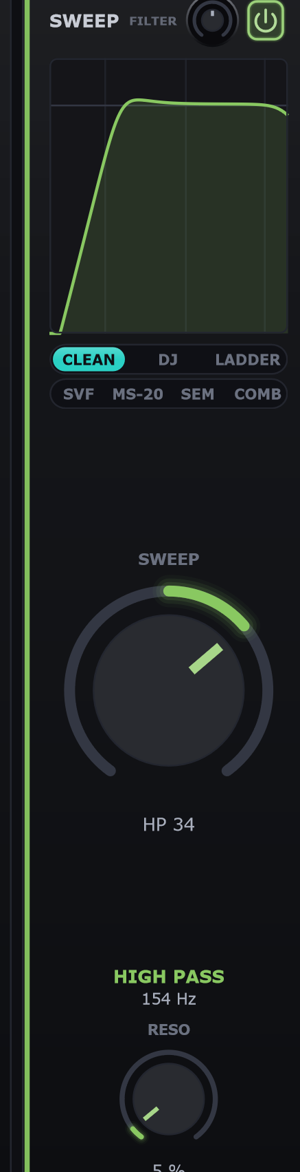 The SWEEP filter tile: filter response display, CLEAN / DJ / LADDER and SVF / MS-20 / SEM / COMB selectors and a large bipolar sweep knob set to a high pass