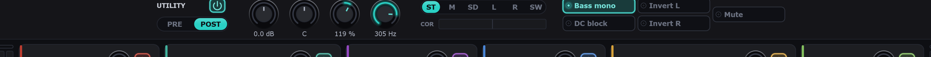 The Base6ix top bar: six draggable route chips with solo badges, presets with A/B compare, input and output trims, delta and bypass, then the utility strip with gain, balance, width, bass mono, channel routing, correlation, phase inversion and mute