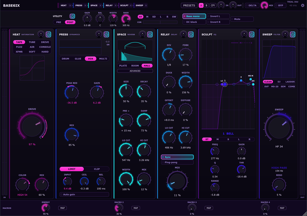 Base6ix running the Neon theme: full-saturation pink and cyan controls on a deep violet ground