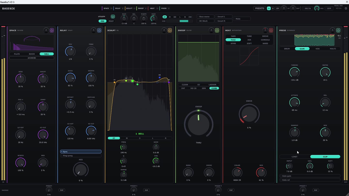 PRESS painting gain reduction in red while the clipper stage flattens the waveform