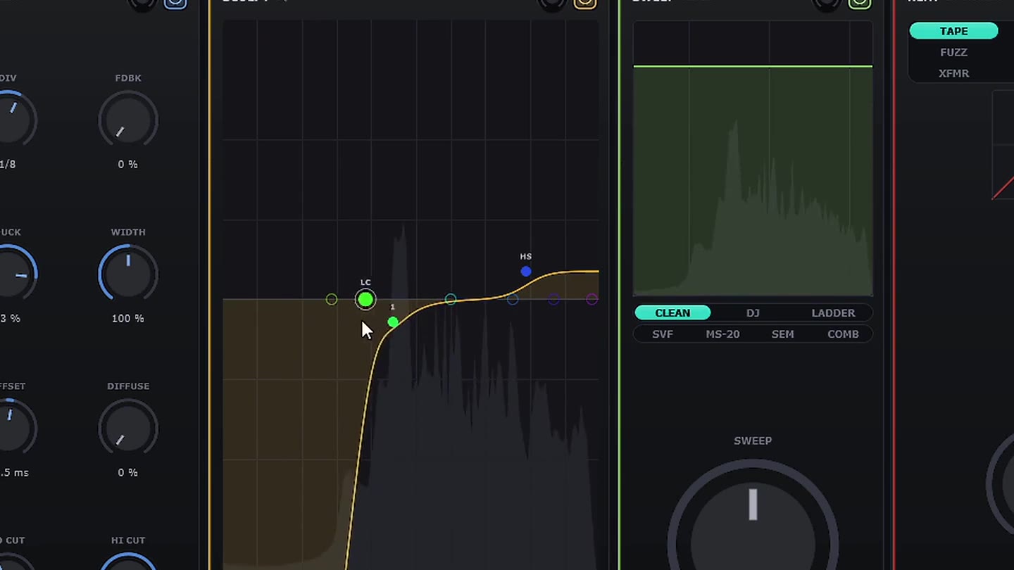 SCULPT's EQ curve being dragged over the live spectrum, band handles lit