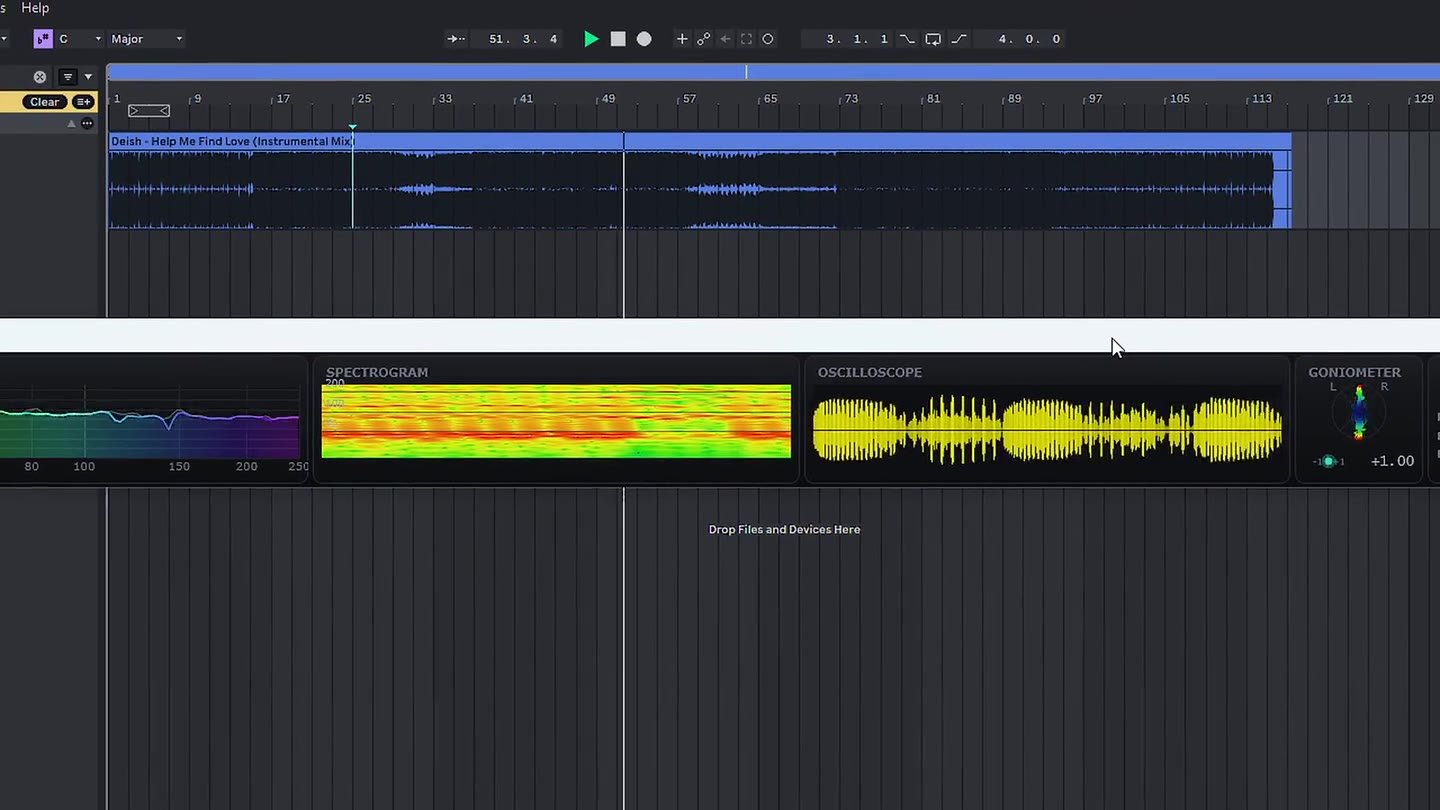 Prisma resized down to a thin analyzer strip docked over an Ableton Live session